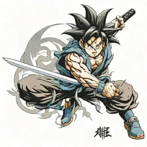 A Tattoo Design Of Goku Wielding A Katana In A Dynamic Action Pose
