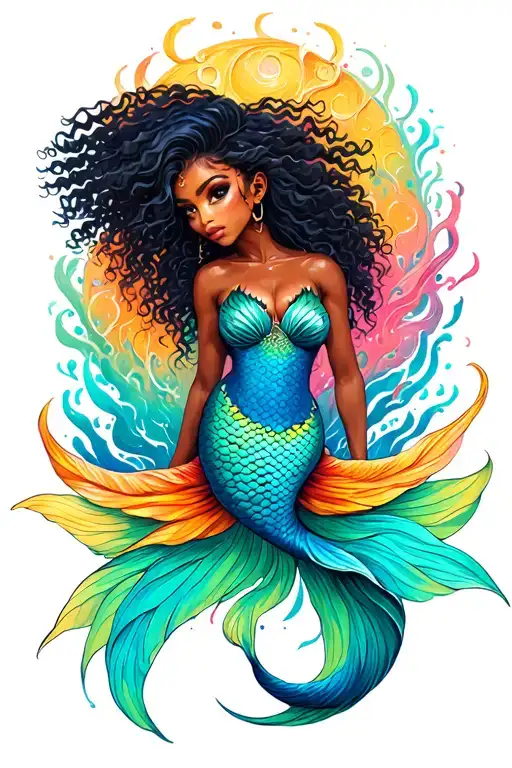 A Black Girl Siren Mermaid With Curly Hair A Colorful Tail Flowing With Black Eyes