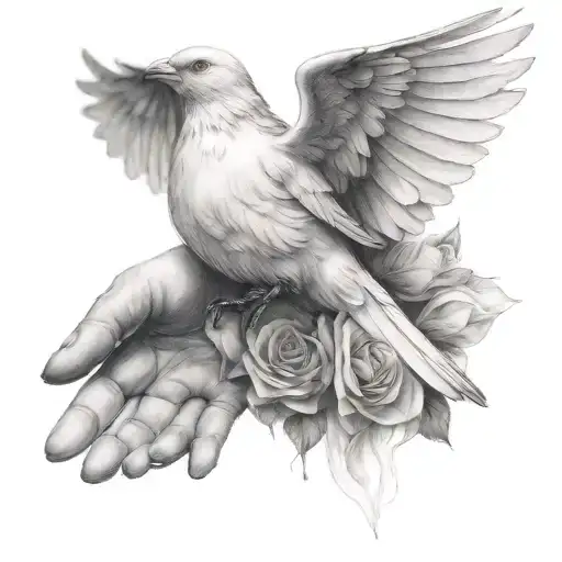 Une Colombes Dans Des Mains Avec Des Rose Dans Le Bec
