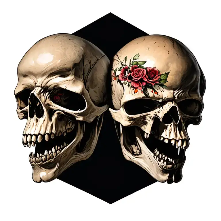 Two Skulls Joined From The Back Pulling Away From Each Other With Mouths Opened