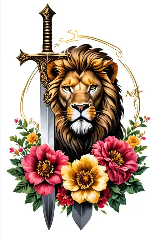 Rampart Lion With Sword Surrounded By Flowers
