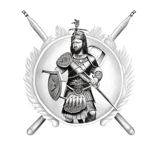 Scottish Warrior Holding Shield With Family Behind