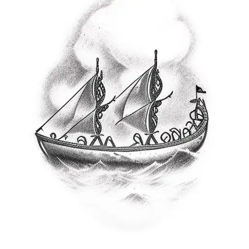 Viking Longship In Rough Waters And Lightning In Background