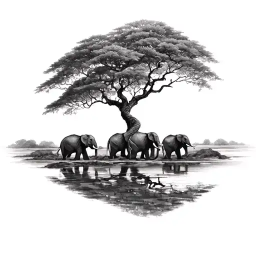 Posin Tree Surrounded By Elephants Walking Togther