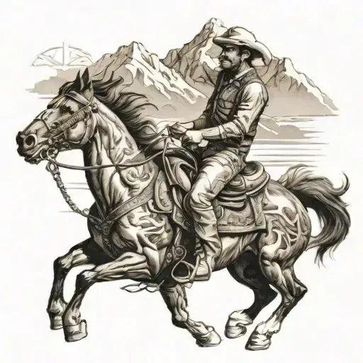 Bronc Rider With Mountain Ranges Behind