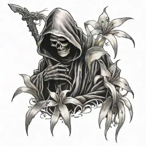A Black And Grey Photorealistic Small Cute Grim Reaper Looking At And Holding A Tiny Spider Lily