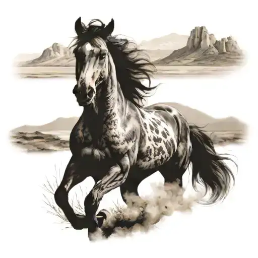 Pack Of Wild Horse Running Through A Field With A River And Mountains In The Background