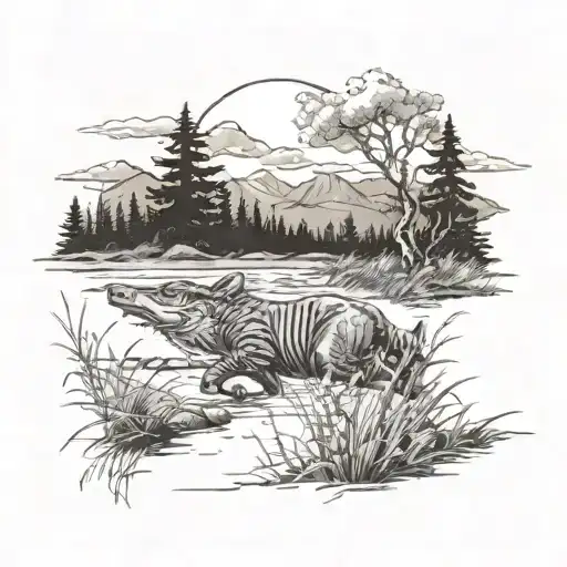 Wild Srallion Running Through A Field With A River And Mountains In The Background