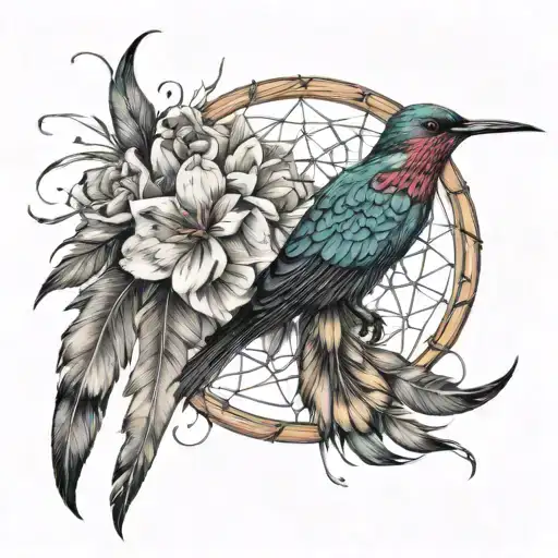 Flower Dream Catcher With Long Feathers And Humming Bird Next To It