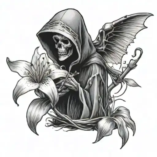 A Black And Grey Photorealistic Small Cute Grim Reaper Looking At And Holding A Tiny Spider Lily