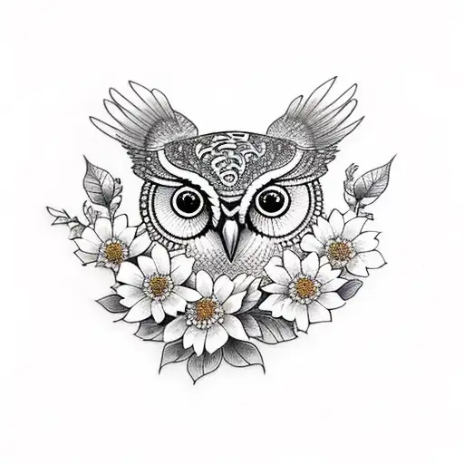 A Owl With Flowers Around