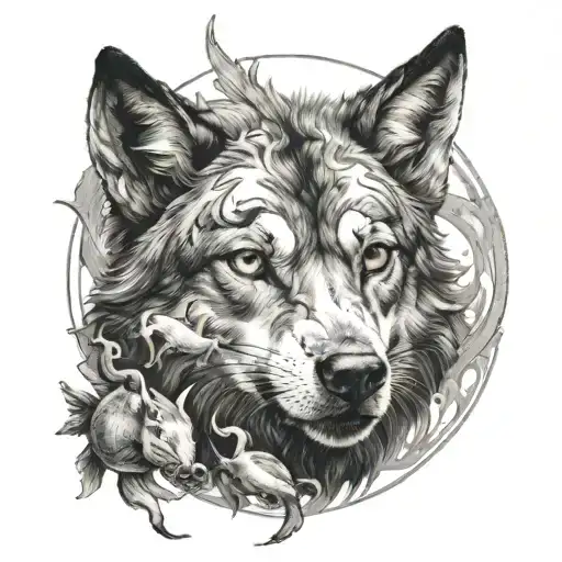 Illustrate A Scene Of A Wolf Incorporating A Goat And 2 Fishes Like Yin And Yan Into The Wolf