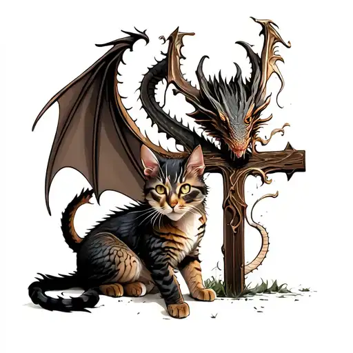 Dragon Around Cross With Cat Sitting Below