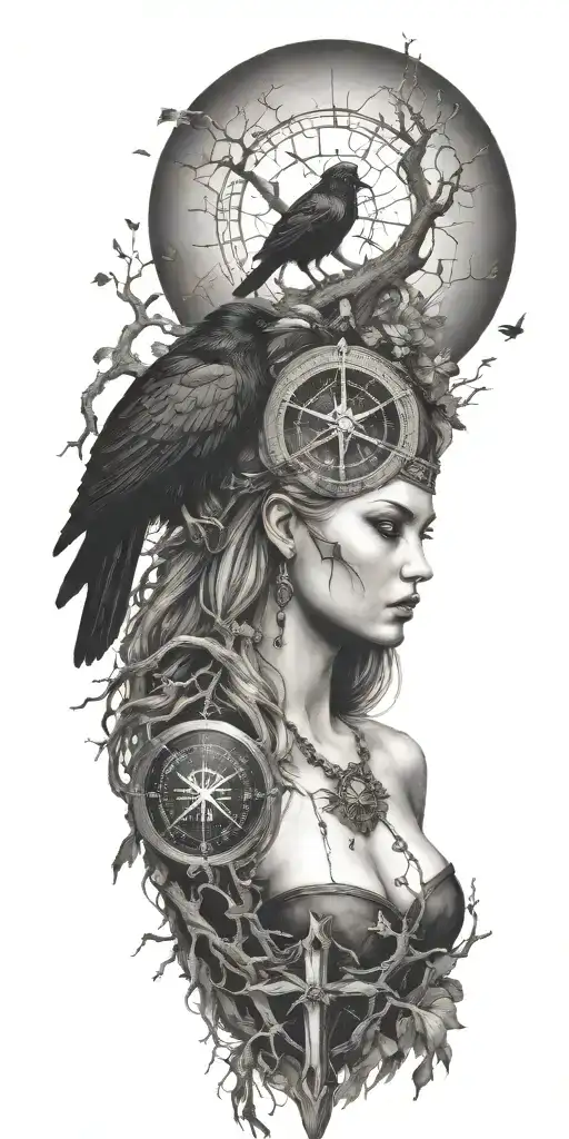 The Morrigan Irish Goddess With Crows An Old Oak Tree Growing And Norse Compass