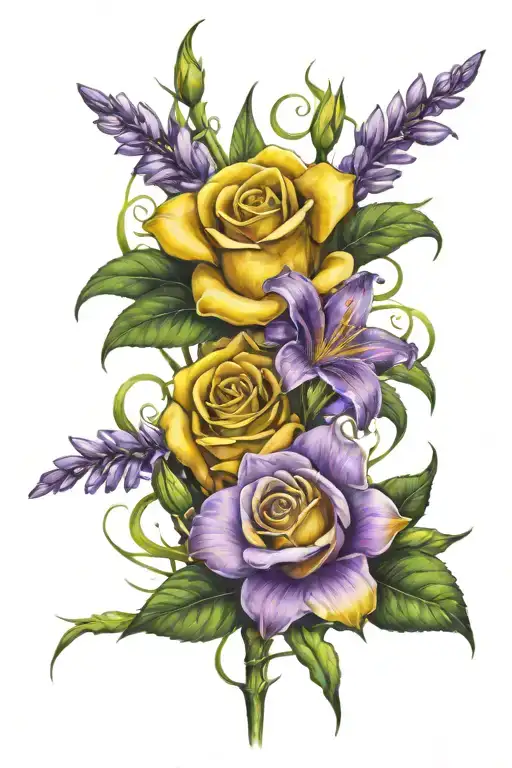 Yellow Roses Purple Freesias And Star Gazer Lilys With Thorns Wrapped Around Them
