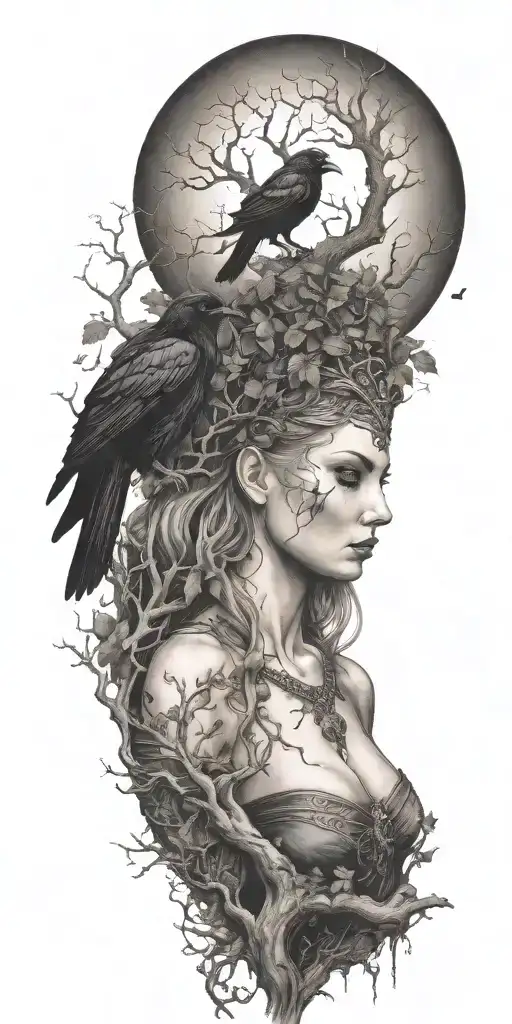 The Morrigan Irish Goddess With A Horror Side With Crows An Old Oak Tree Growing