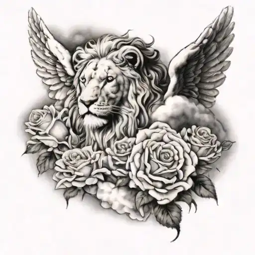 Angel In Clouds With Roses And Lions