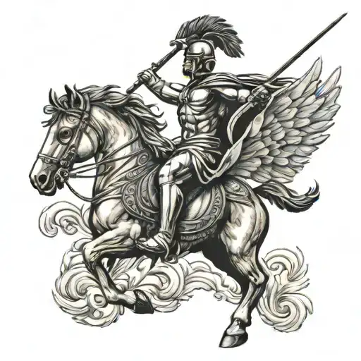 Greek Spartan Riding A Pegasus Holding A Spear