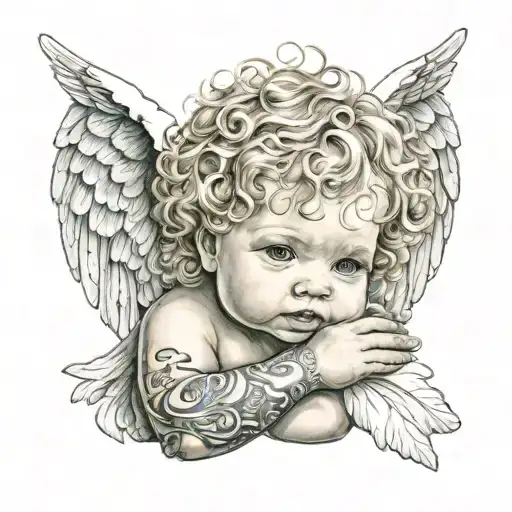 Baby Angel With Curly Blond Hair With Tattoos On His Arms And Hands