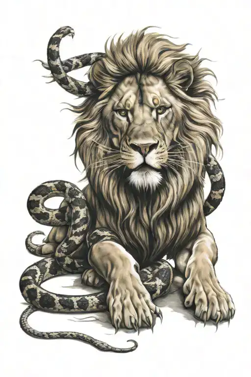 Full Lion Crushing A Snake At Paws