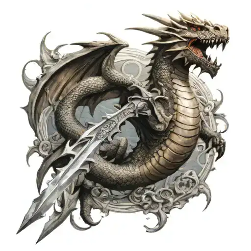 A Dragon Holding A Giant Sword Fighting A Demilich