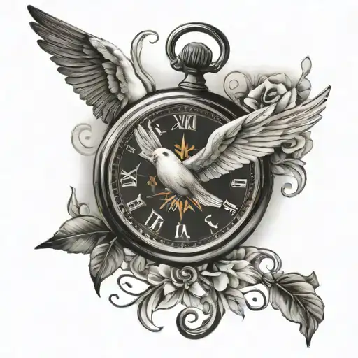 Black And Gray Pocket Watch Over Compass Rose Tattoo Realistic With Dove