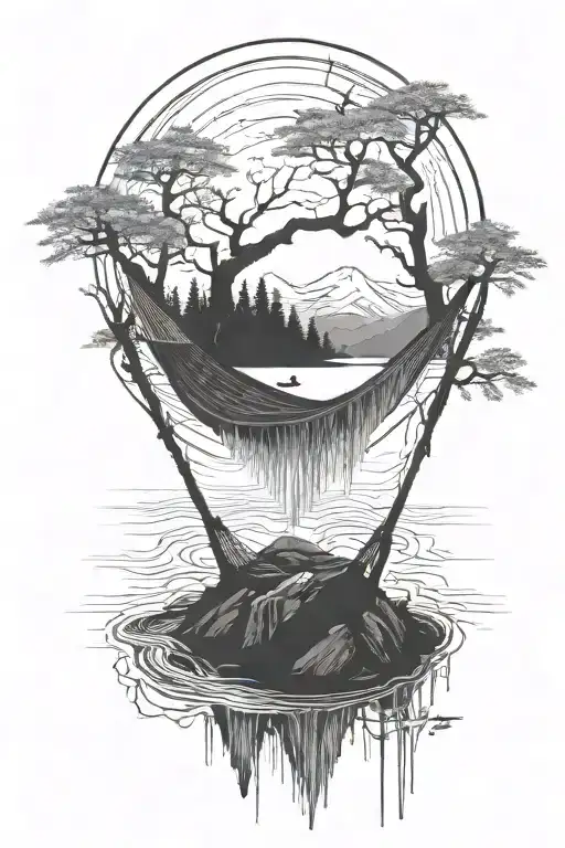 A Empty Hammock In The Woods Beside A Raging River With A Majestic Waterfall