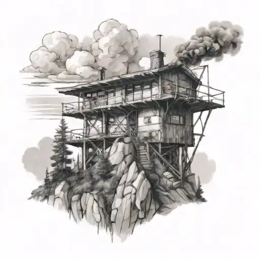 A Majestic Fire Lookout Toweron Top Of A Mountian Witht He Ocean In The Distance