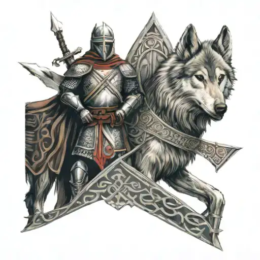 Knight Templar With A Wolf Companion On A Celtic Background