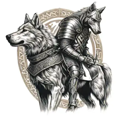 Knight Templar With A Wolf Companion On A Celtic Background