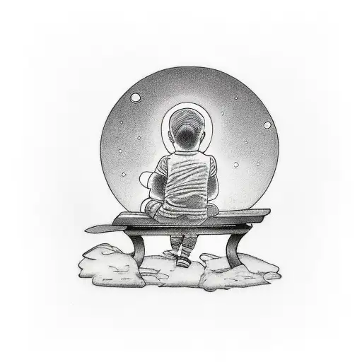 Sunset With Kid Sitting On A Bench