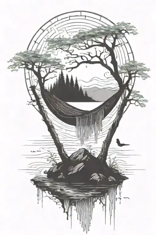 A Empty Hammock In The Woods Beside A Raging River With A Majestic Waterfall