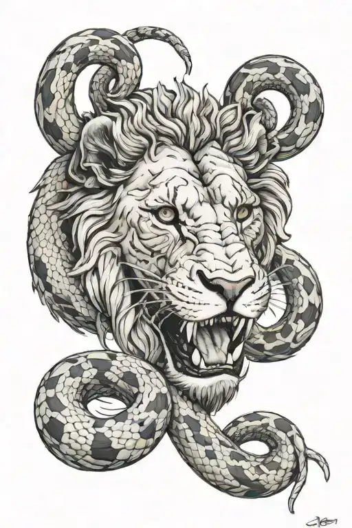 Full Lion Crushing A Snake At Paws