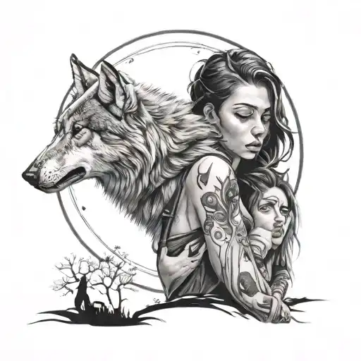 Girl With A Wolf And Moon