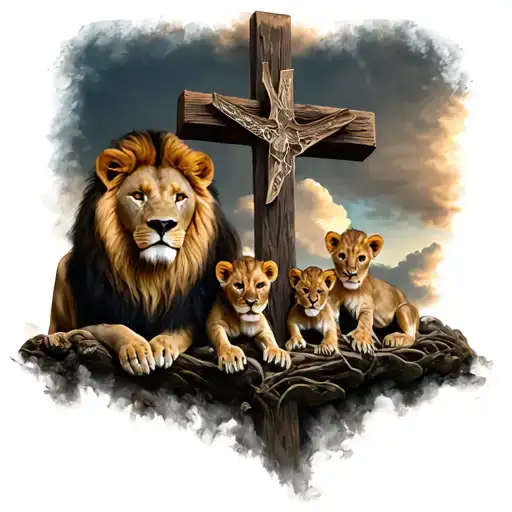Dad Lion And 2 Realistic Lion Cubs At The Foot Of A Christian Cross