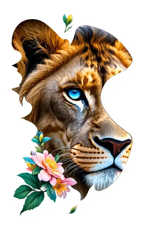 Lion's Face Facing Straight Ahead Blue Eyes And Blooming Flowers Cover Half Of The Lion's Face
