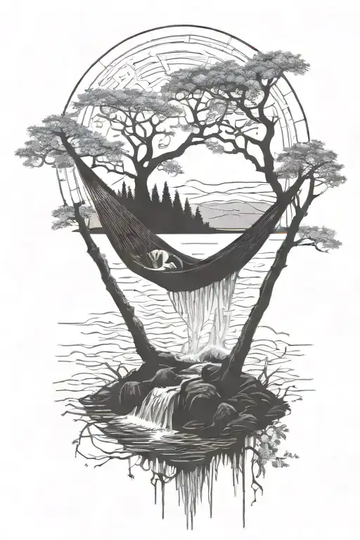 A Empty Hammock In The Woods Beside A Raging River With A Majestic Waterfall