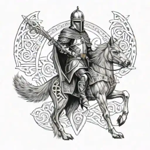 Knight Templar With A Wolf Companion On A Celtic Background