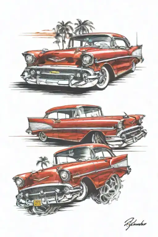 Candy Apple Red 57 Chevy Bel Air Driving Into The Sunset