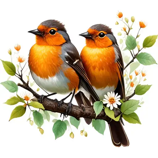 Fineline Robin Birds Sat On Branches With Small Leaves And Flowers