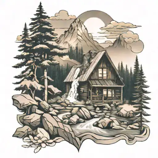 Waterfall Forest Mountain Sunrise Cabin