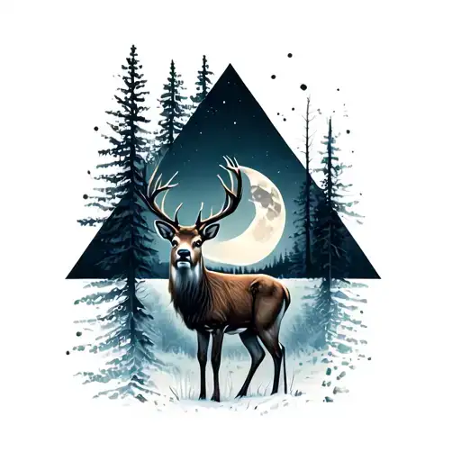 A Deer With The Moon In This Is A Triangles Forest That Merge