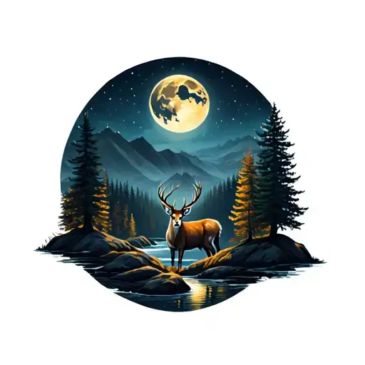 A Deer With The Moon In This Is A Fir Forest And A River That Crosses All