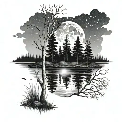 Girl Looking Up At The Forest Night Sky By The Lake