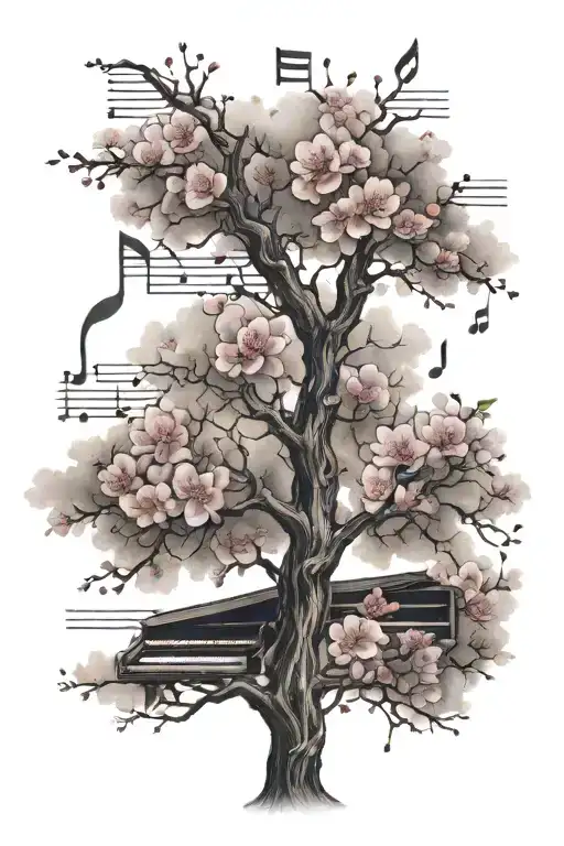 A Japanese Cherry Blossom Tree With Music Notes As Petals