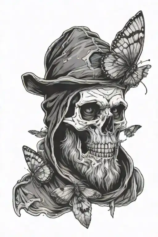 Bearded Skull Wearing Hood With Moth Resting