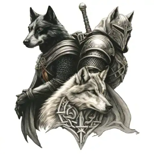 Knight Templar With A Wolf Companion On A Celtic Background