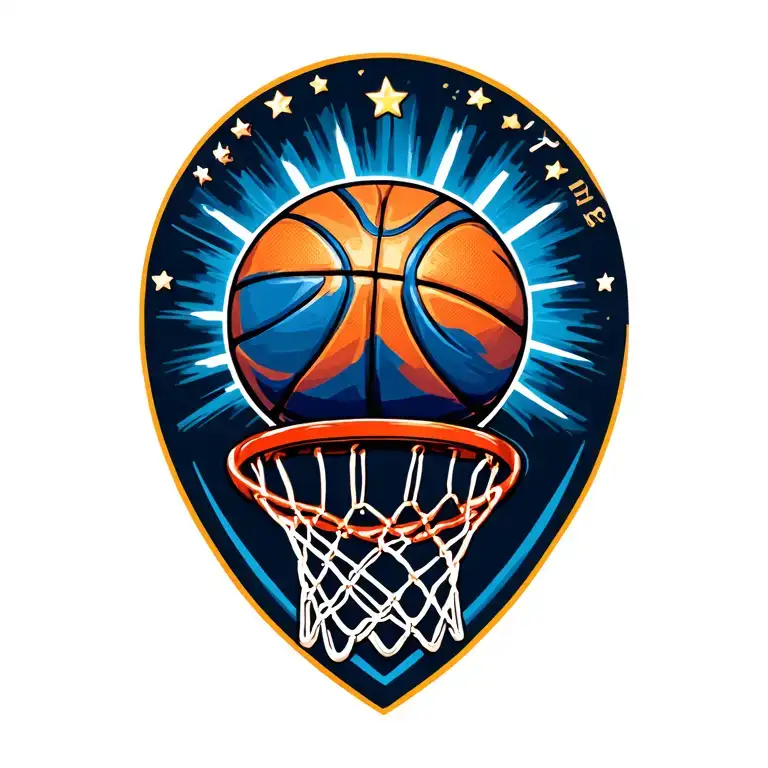 Basketball With A Hoop With Rays Coming Off The Basketball With Stars And Some Words