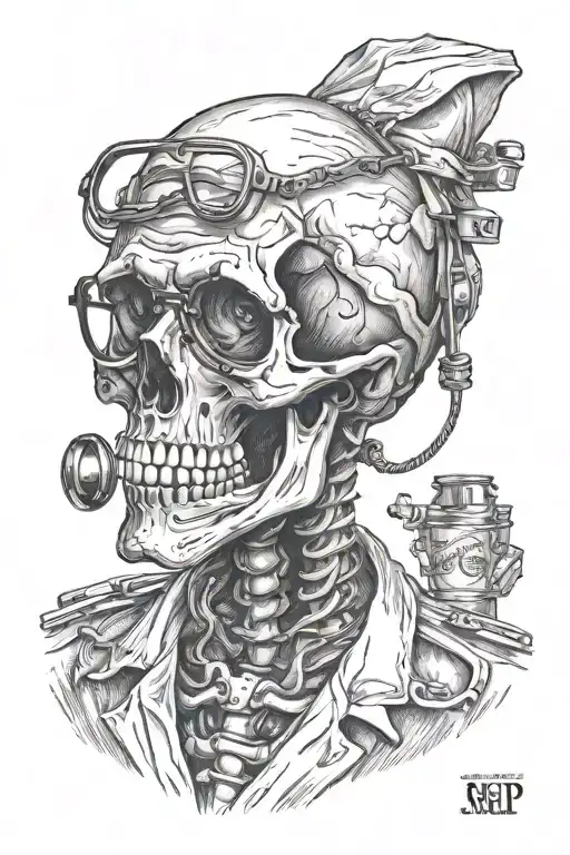 Detailed Microrealism Tattoo Of A Skeleton With Rectangular Glasses And A Lab Coat Facing Forward