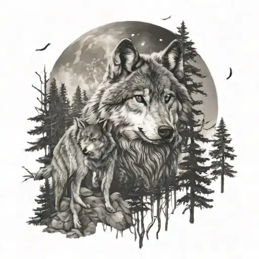 Wolf And Moon In The Forest